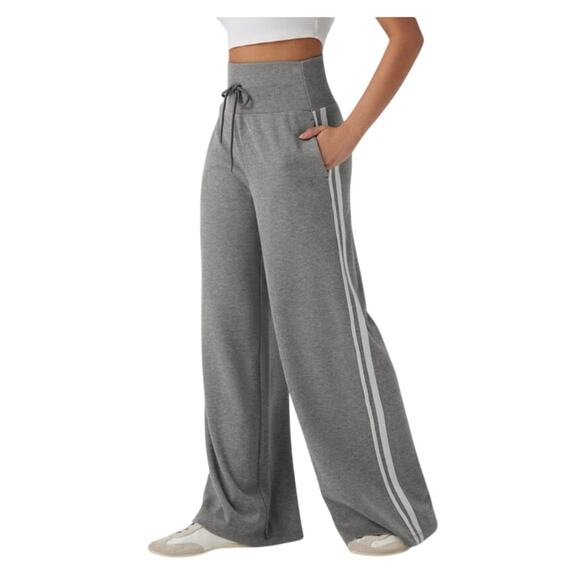 HALARA Pants - Ribbed High Waisted Tummy Control Drawstring Wide Leg Color Block Fleece Trouser